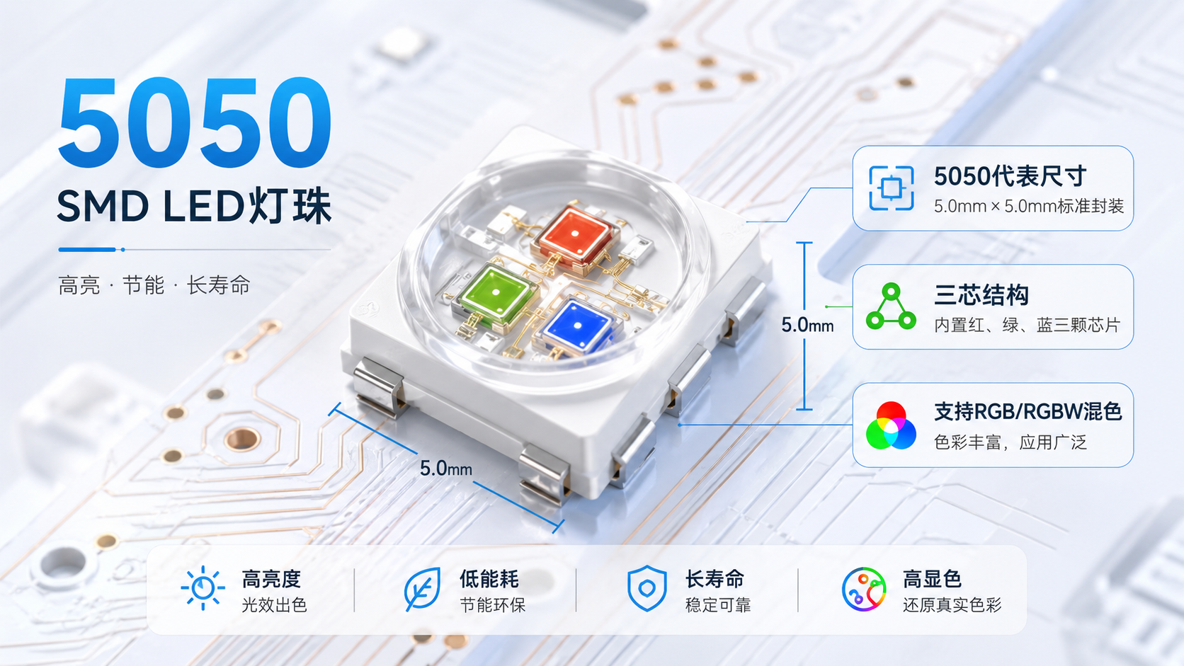 5050 RGB LED灯珠封装结构示意图，展示5.0x5.0mm尺寸、内部红绿蓝三芯片及电路板连接。
