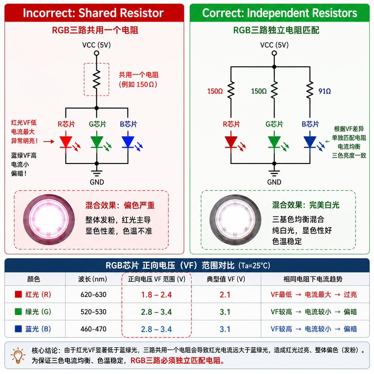 对比示意图，左侧展示RGB三路共用一个电阻导致红光偏亮和整体偏色（Incorrect），右侧展示红绿蓝三路分别串联独立电阻后混出纯白光（Correct），并对比了不同颜色LED的正向电压（VF）差异。