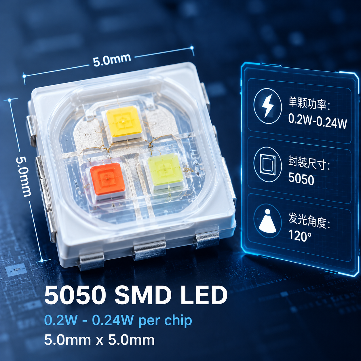 5050 LED单颗灯珠特写,标注其5.0x5.0mm尺寸、0.2W-0.24W单颗功率及120°发光角度,展示内部发光芯片