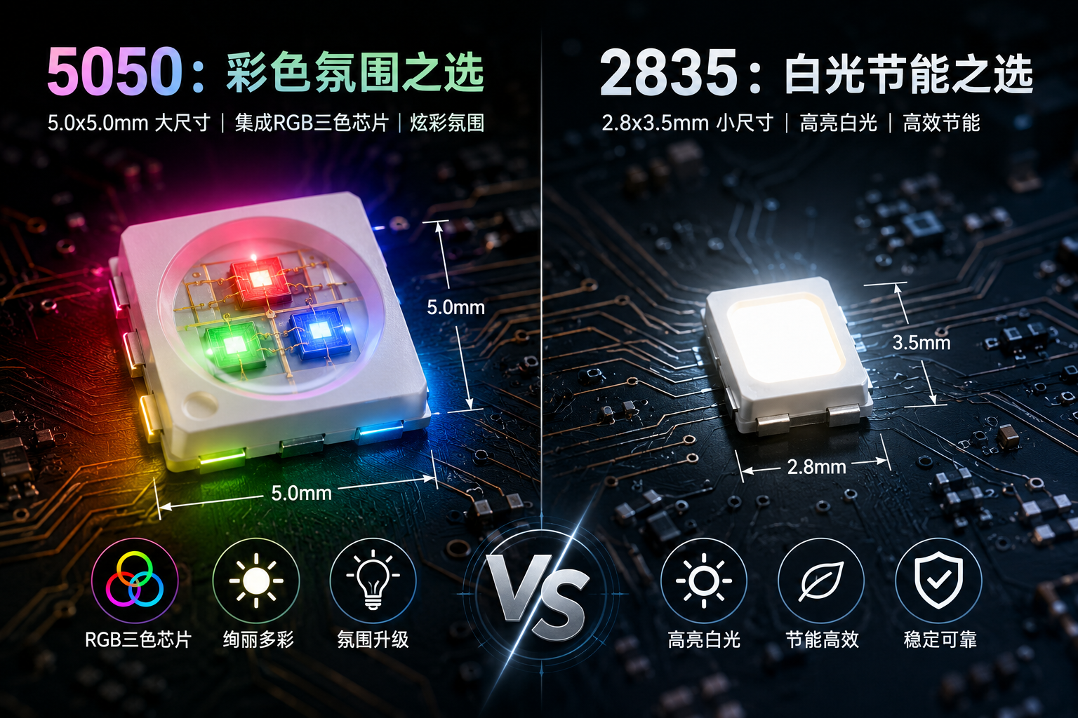 5050和2835灯珠尺寸与用途对比图：5050（5.0x5.0mm）适合RGB彩色氛围，2835（2.8x3.5mm）适合白光节能照明
