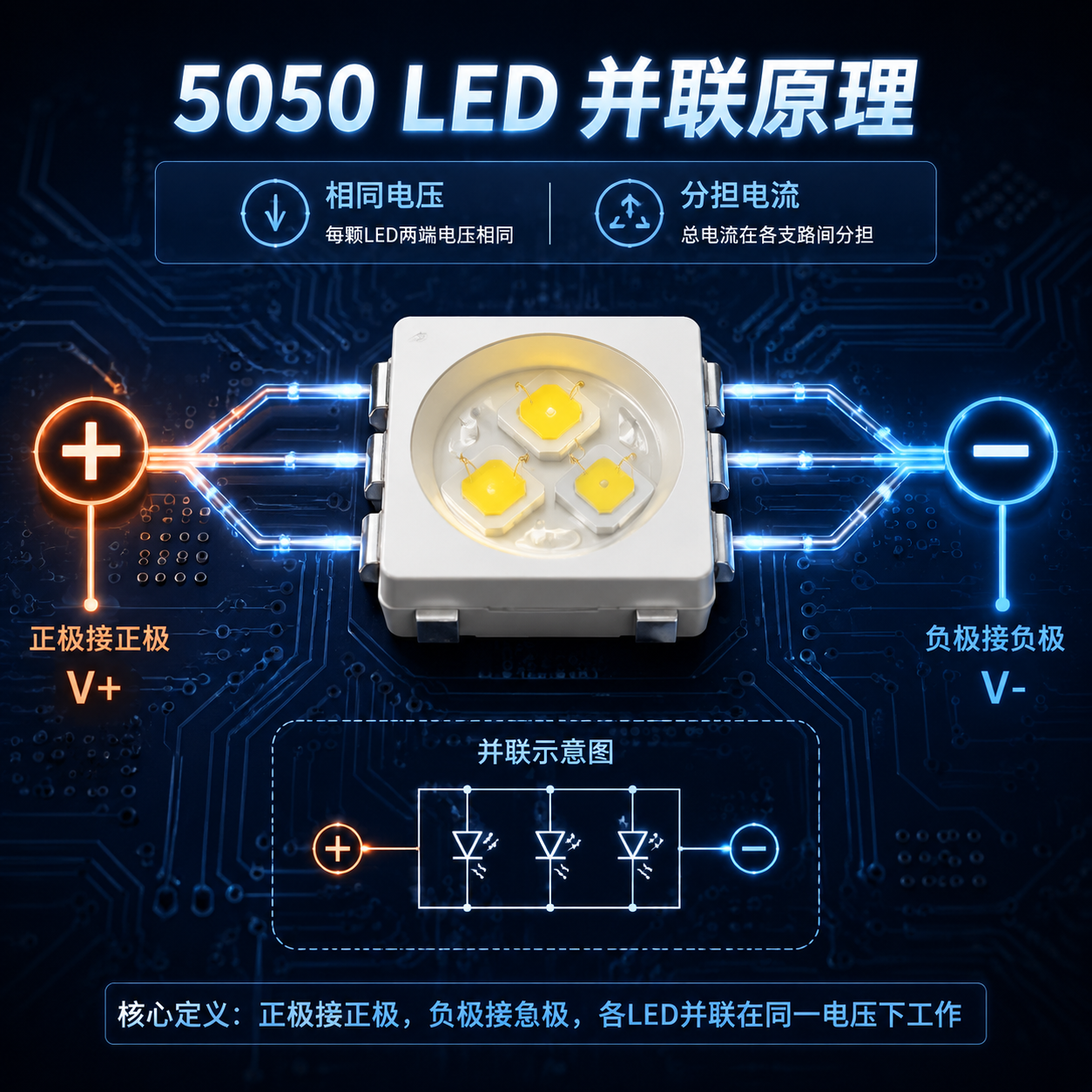 5050 LED灯珠并联原理示意图，展示正负极连接、相同电压与分担电流的特性。