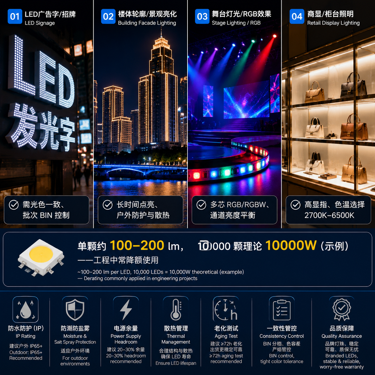 5050 1W 灯珠在广告字、景观亮化、舞台灯、商业照明等典型应用场景的实景拼图,并标注选型关注点。