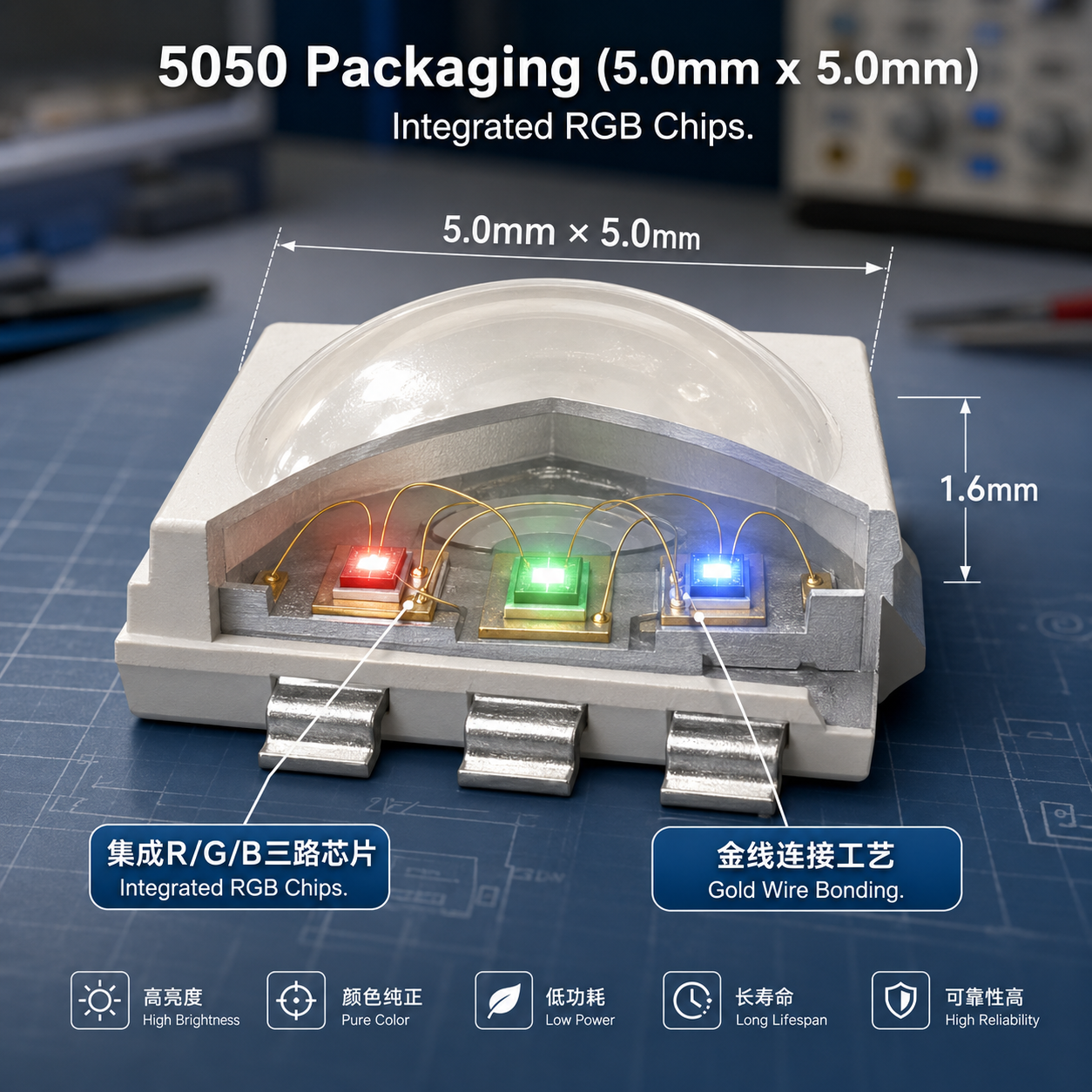 5050 RGB灯珠的内部结构剖视图，显示其5.0mm x 5.0mm的封装尺寸和集成的红、绿、蓝三路LED芯片，以及金线连接工艺。