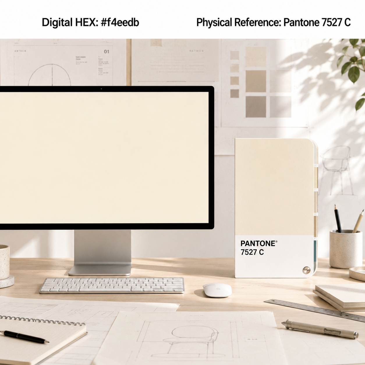 设计师工作台展示 HEX #f4eedb 屏幕色彩与实体 Pantone 7527 C 色卡的近似匹配