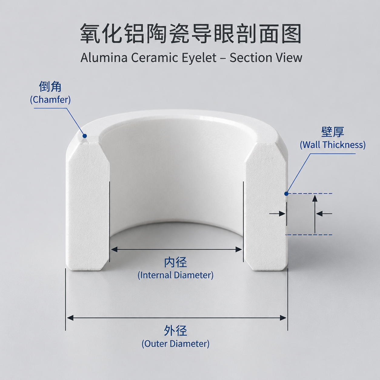 工业3D渲染的氧化铝陶瓷导眼剖面图，标注内径ID、外径OD、壁厚和倒角
