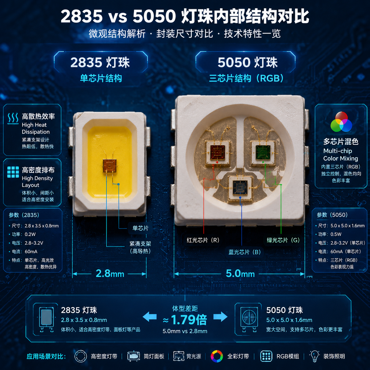 2835灯珠(左)与5050灯珠(右)的微观封装结构对比,展示2835的单芯片高散热和5050的多芯片混色设计,并标注尺寸差异。