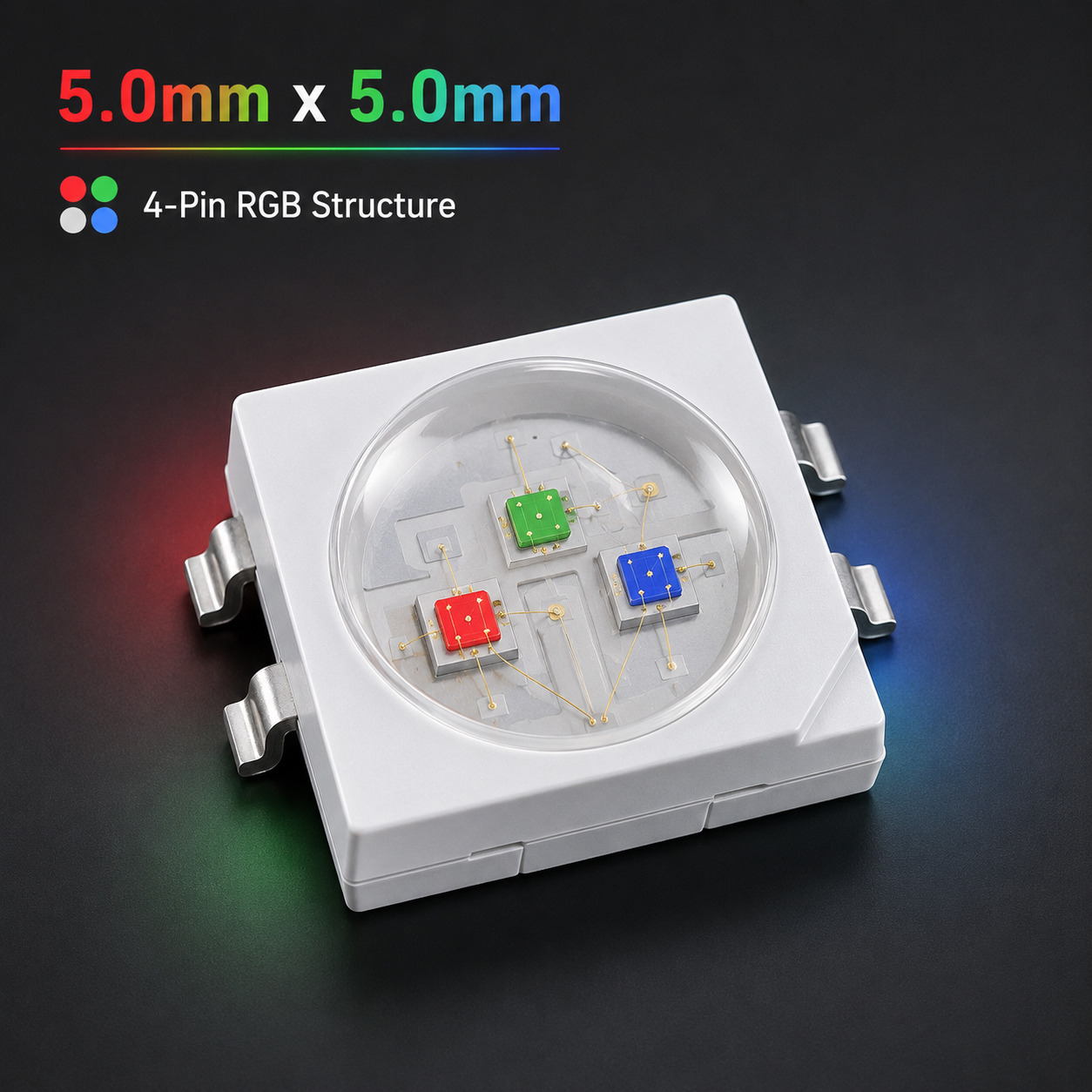 5050 4脚RGB灯珠的3D渲染图，展示5.0mm x 5.0mm封装尺寸和内部红绿蓝三芯片结构及四个引脚。