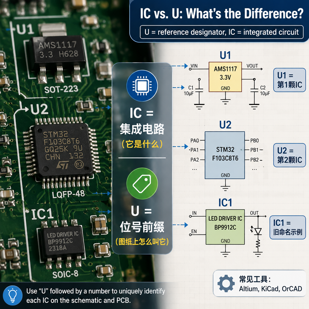 示意PCB与原理图中U与IC标注对比（U1、U2、IC1），说明U为位号前缀，IC为器件类型