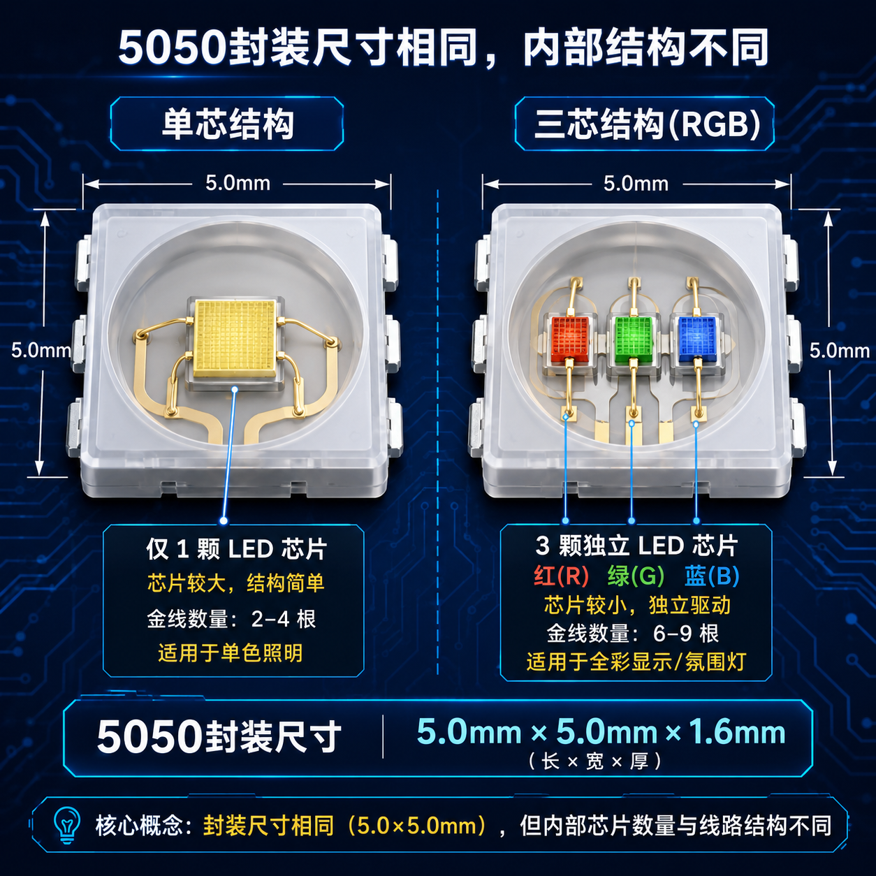 5050单芯与5050三芯(RGB)灯珠内部结构对比图，展示了外形尺寸相同但芯片数量（1颗vs3颗）和内部结构的不同
