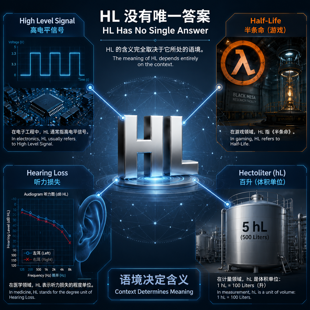 一张概念图展示了HL在不同语境下的多种含义,包括电子工程中的高电平(High Level),游戏《半条命》(Half-Life),医学中的听力损失(Hearing Loss)以及计量单位百升(hectoliter),强调HL是一个多义缩写,取决于其所处语境。