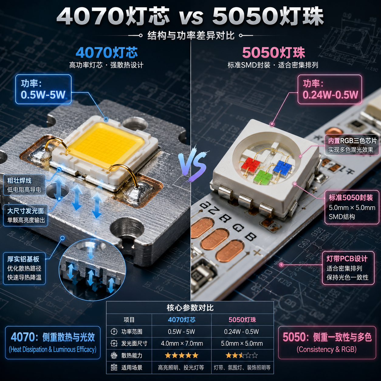 4070灯芯与5050灯珠的微距结构和功率对比,突出4070的散热设计与高功率,以及5050的多色芯片与标准化封装