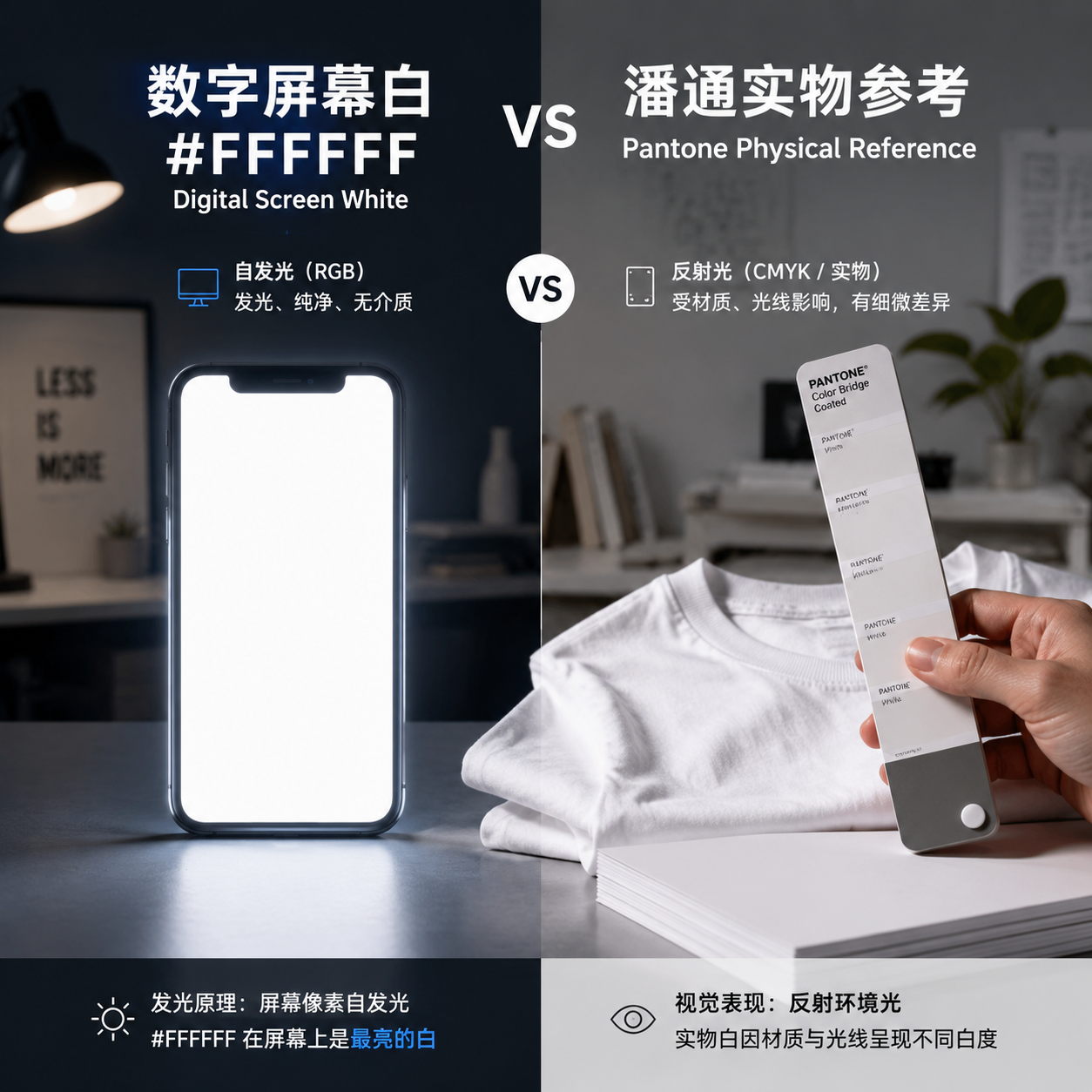 一张对比图，左侧发光的手机屏幕显示#FFFFFF纯白，右侧设计师手持潘通色卡对照白色T恤和纸张，强调数字屏幕白与潘通实物参考的本质差异。