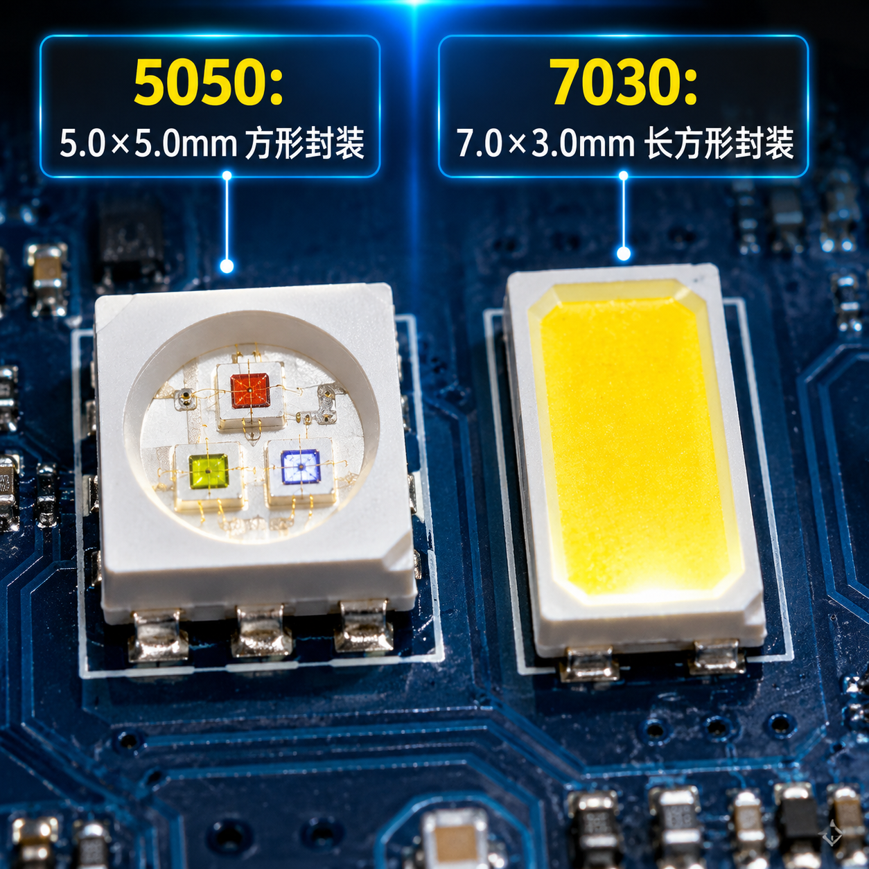 5050与7030灯珠微距对比图，展示方形5050（5.0×5.0mm）与长方形7030（7.0×3.0mm）在PCB上的物理尺寸和外观区别。