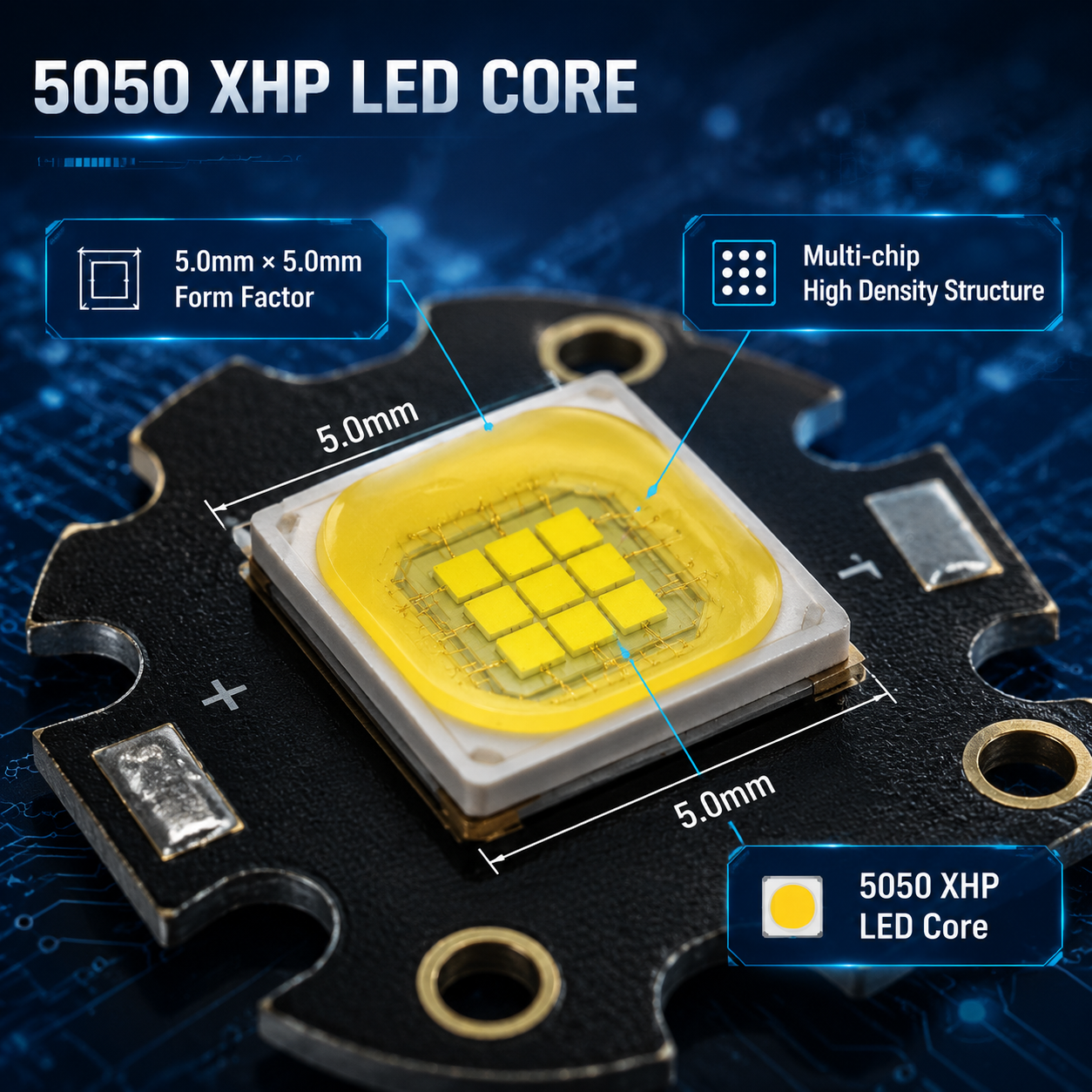 5050 XHP灯珠的核心结构特写，展示其5.0mm × 5.0mm的封装尺寸和内部多芯片高密度发光阵列，安装在黑色高导热PCB板上