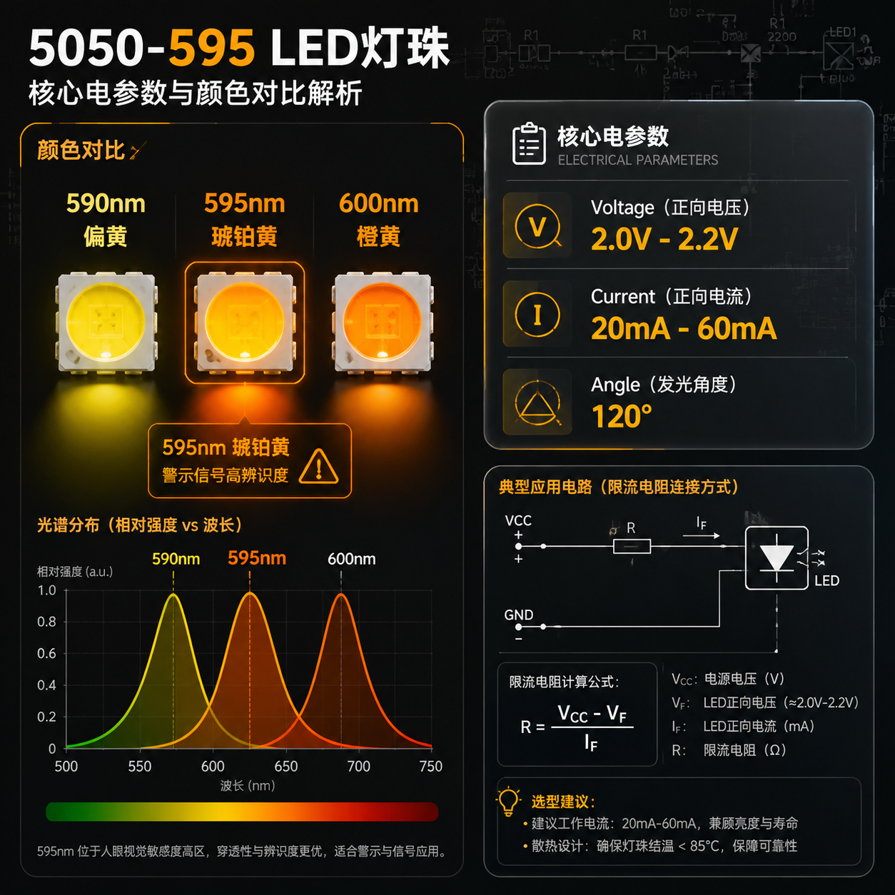 5050-595LED灯珠关键参数与波长对比图,显示590nm、595nm、600nm的颜色差异及电压、电流、角度参数