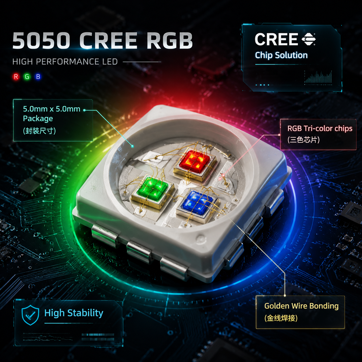 5050 CREE RGB灯珠宏观特写，展示5.0mmx5.0mm封装、内部红绿蓝三色芯片和金线连接