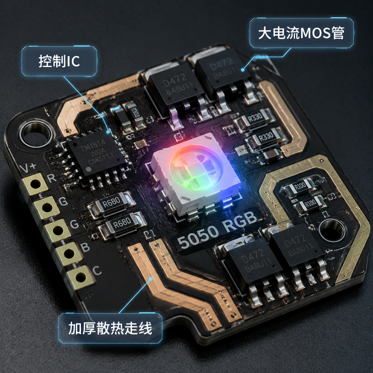 5050 RGB驱动板硬件细节图,展示控制IC、MOS管及加厚铜箔走线