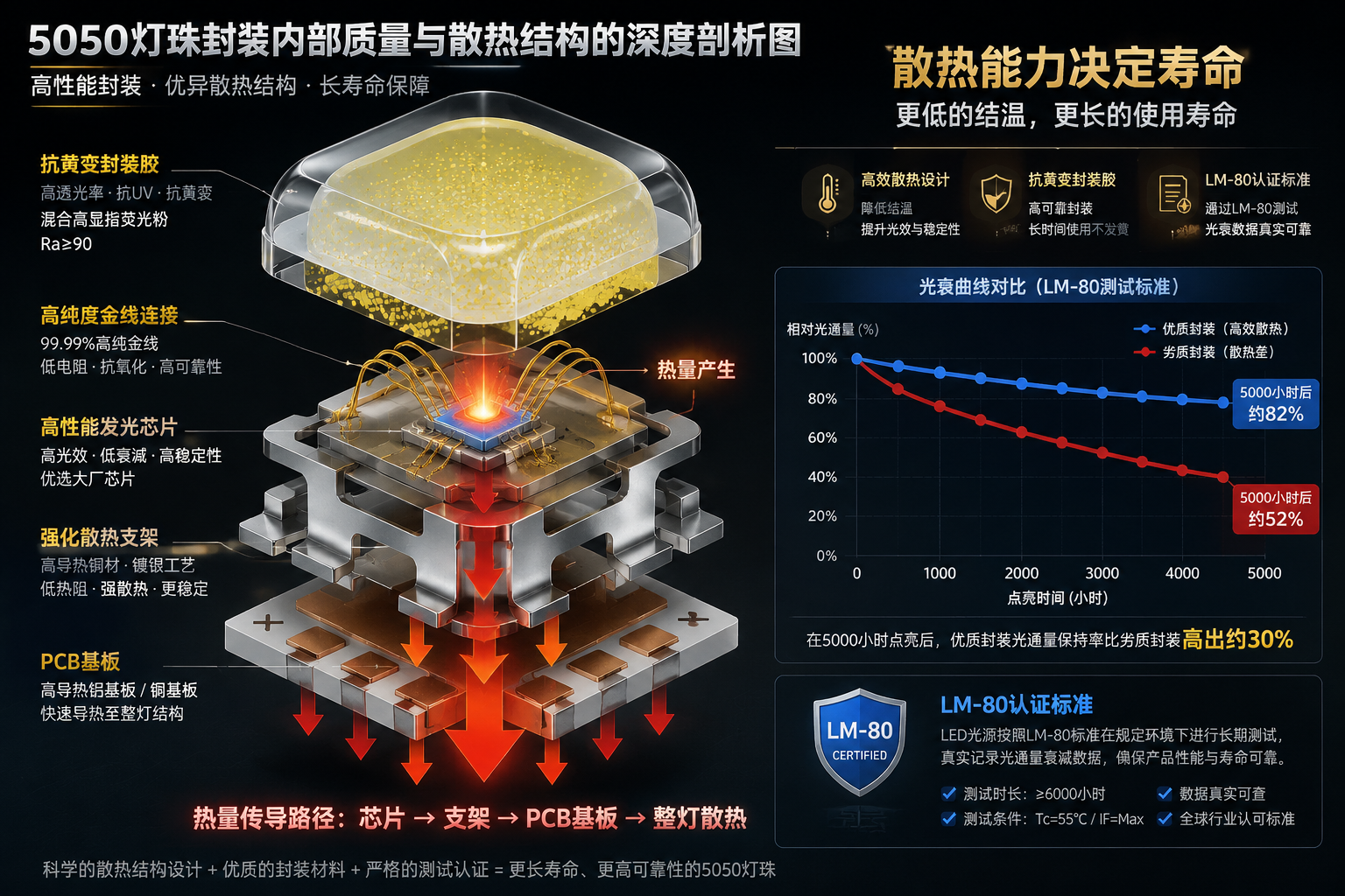 5050 LED灯珠内部散热结构剖析图，展示芯片、支架、金线和封装胶，并示意热量传导路径及光衰曲线对比。
