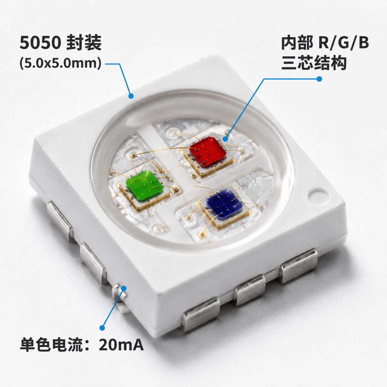 5050 RGB 灯珠宏观特写,显示内部 R/G/B 三芯结构和 5050 封装尺寸