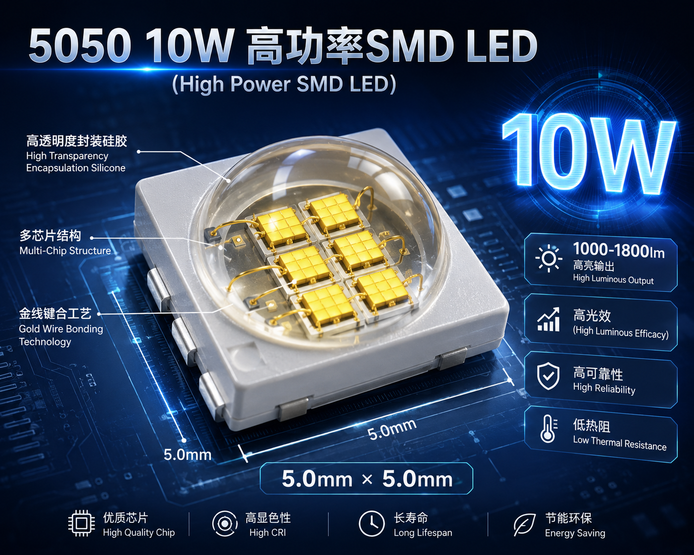 5050 10W高功率SMD LED灯珠微距特写，清晰展示其5.0×5.0mm的封装尺寸、内部多芯片结构及高光通量特征，体现工程级光源的精密设计。