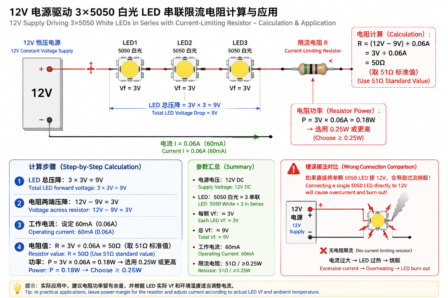 12V 电路示意:3颗 5050LED 串联加限流电阻计算 R=(12-9)/0.06=50Ω(用51Ω),电阻功率 P=0.18W(选0.25W及以上)
