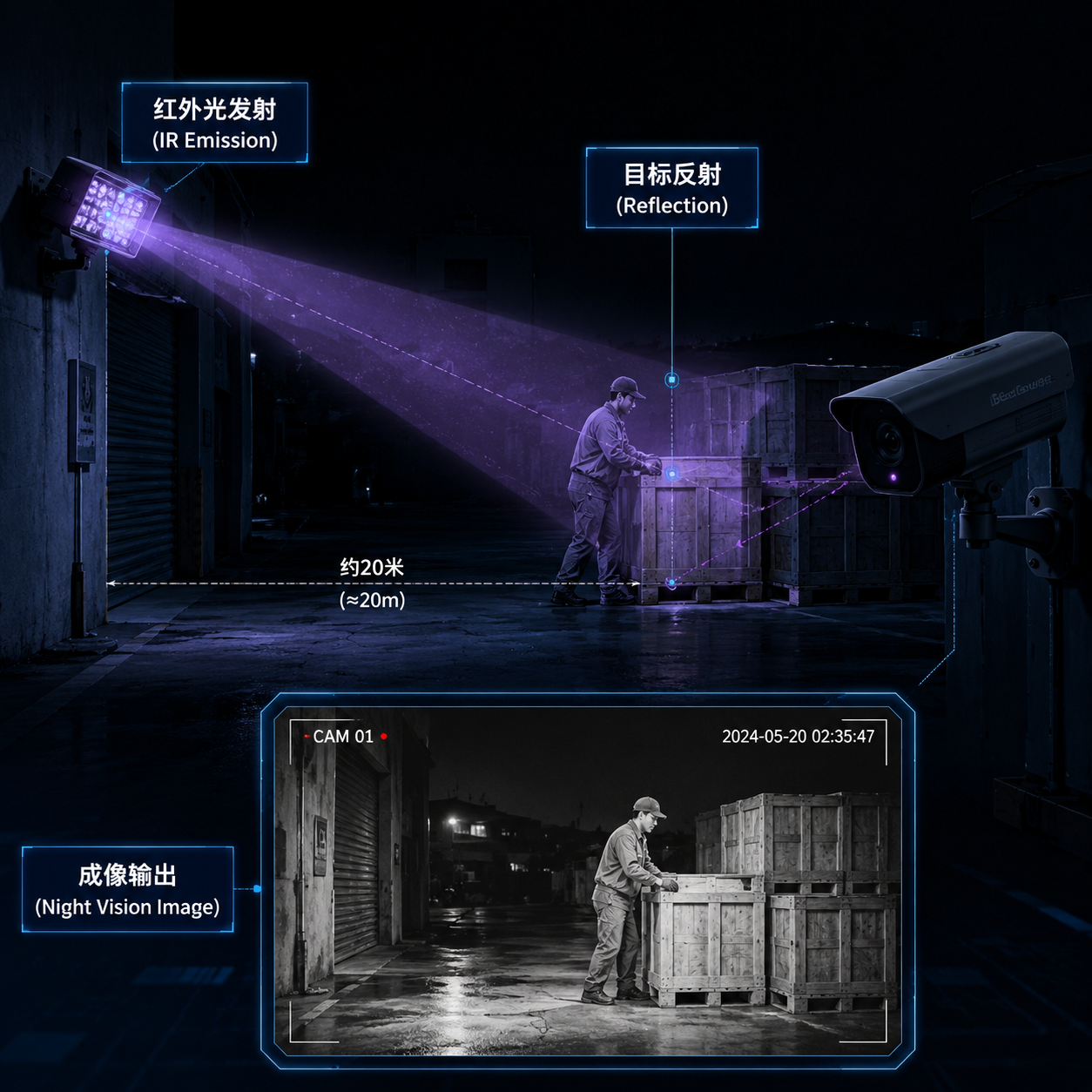 夜视补光工作原理示意：补光灯发出红外光反射被摄像机接收，摄像机端夜视成像示例