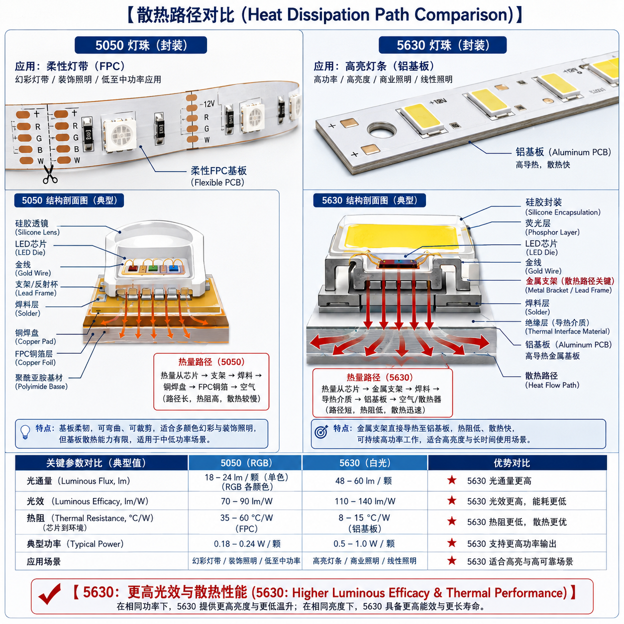 5050与5630灯珠散热与结构对比示意图,展示5050在柔性板和5630在铝基板上的散热优势及光效差异