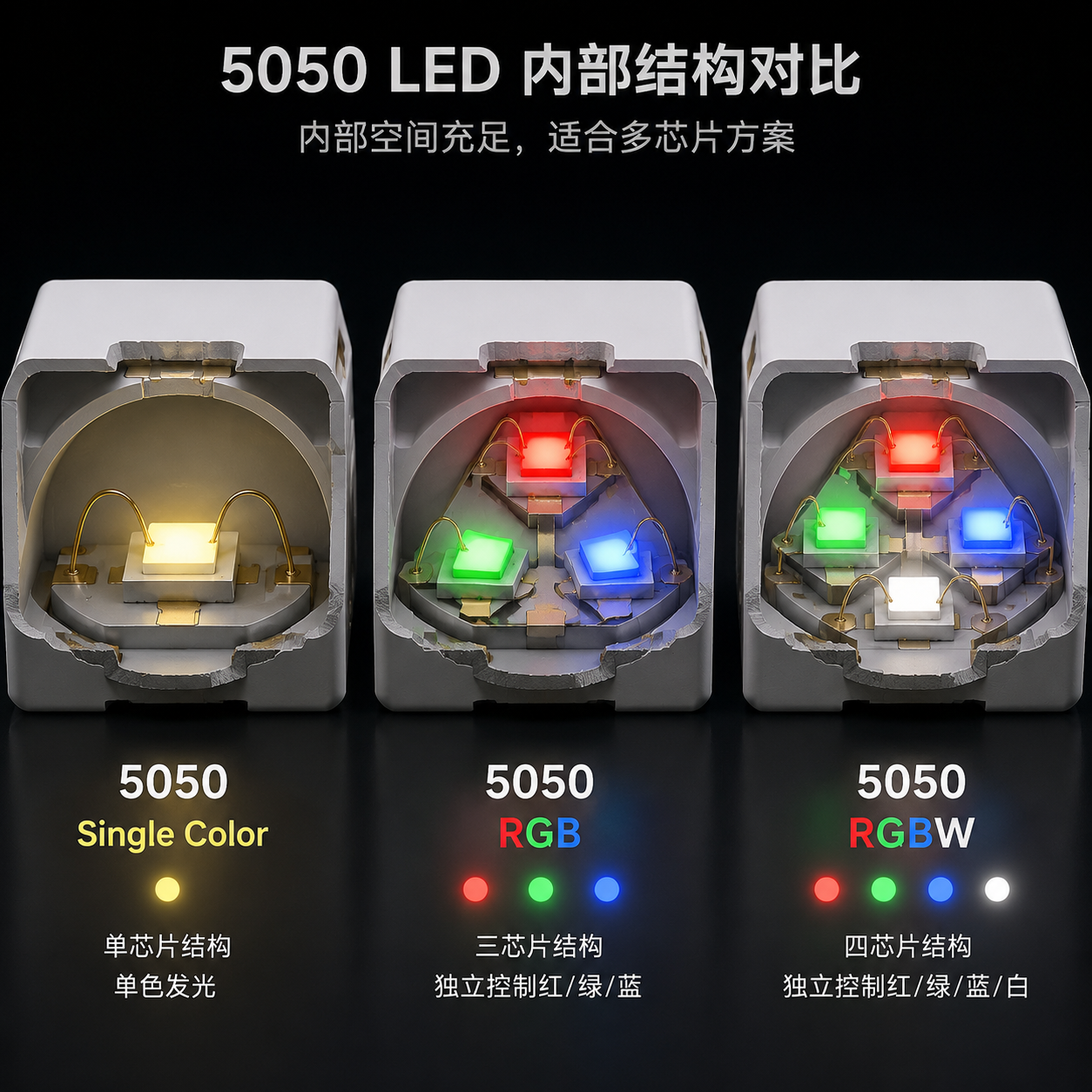 一个对比式3D渲染图,展示5050 LED灯珠内部的三种核心结构:单色(单芯片)、RGB(三芯片)和RGBW(四芯片),直观解释其多芯片封装的灵活性。