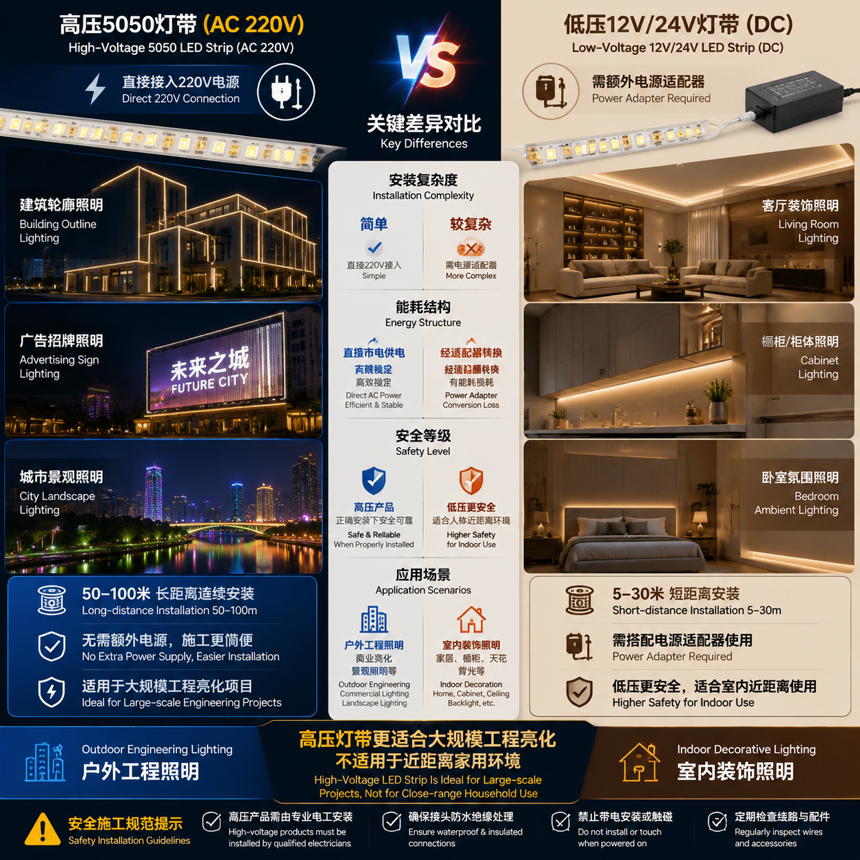 高压与低压5050灯带应用对比图，左侧为户外高压工程照明，右侧为室内低压灯带场景