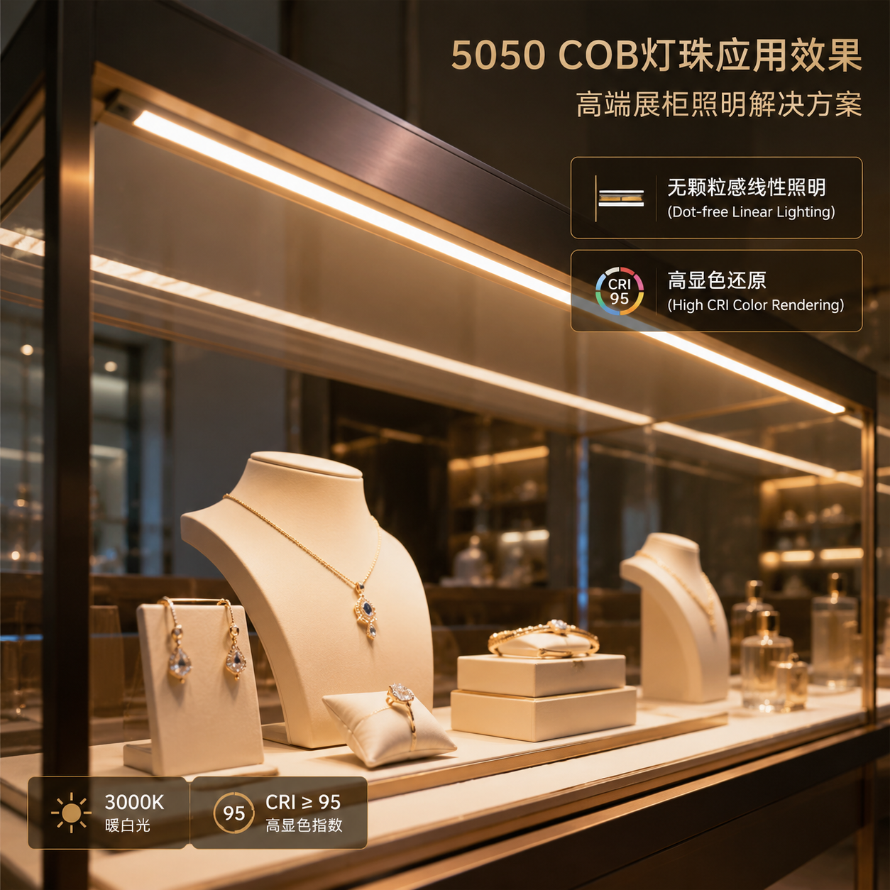 5050 COB灯珠在珠宝展柜中的应用效果,展示了无颗粒感的连续线性照明和高显色还原的商品色彩,强调了高端视觉质感。