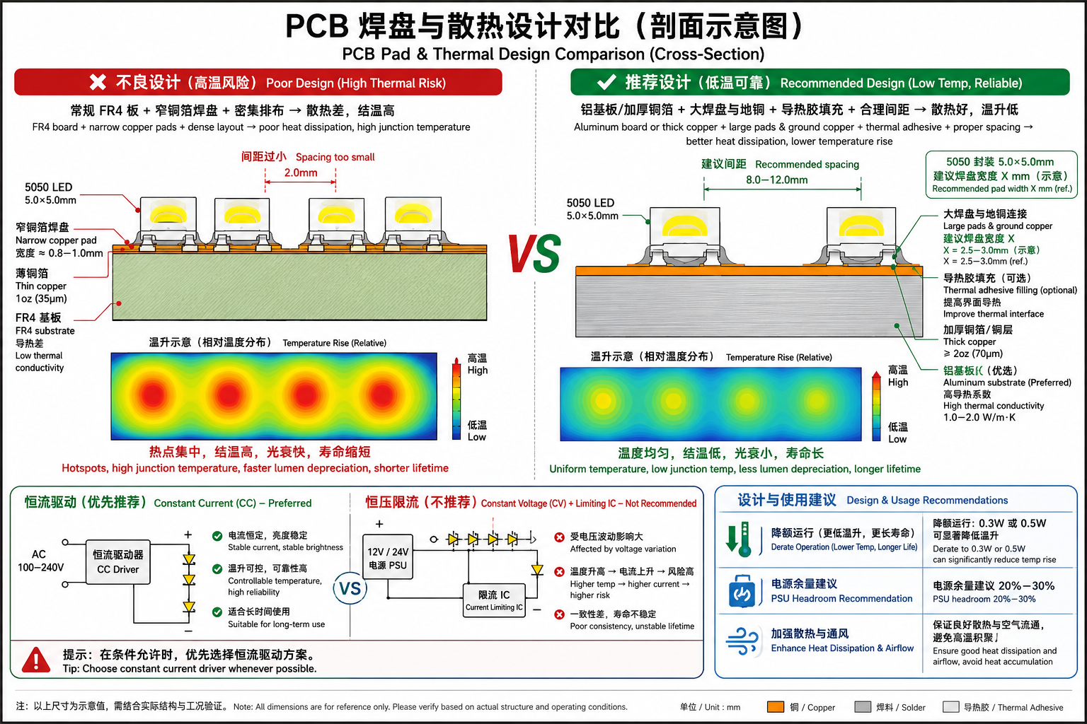 5050 1W 灯珠 PCB 散热设计对比示意图,展示不良设计与推荐设计(铝基板、大焊盘、导热胶、降额运行)以及恒流与恒压限流驱动方式。
