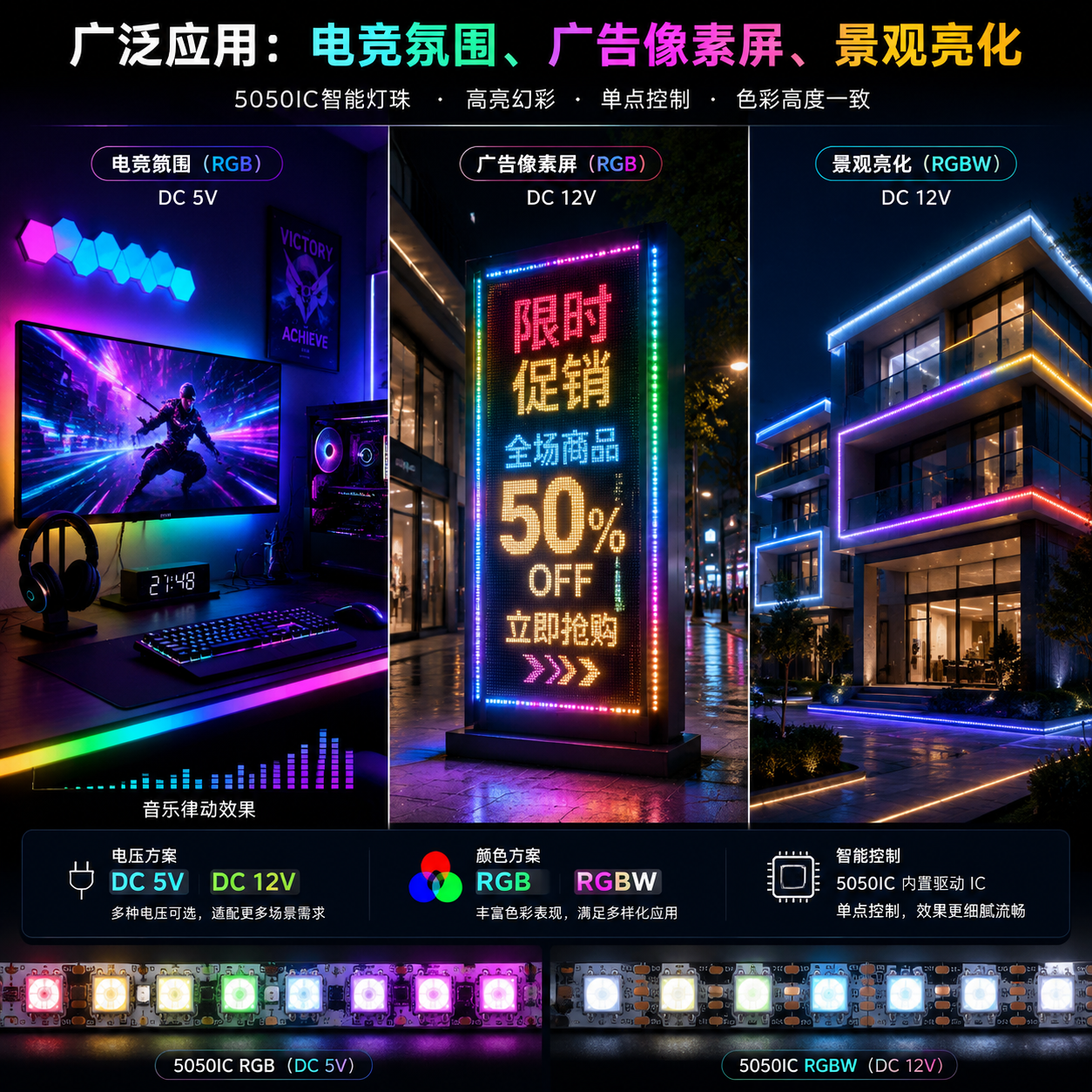 5050IC灯珠应用示例:电竞灯带、广告像素屏、建筑景观亮化(5V/12V、RGB/RGBW)