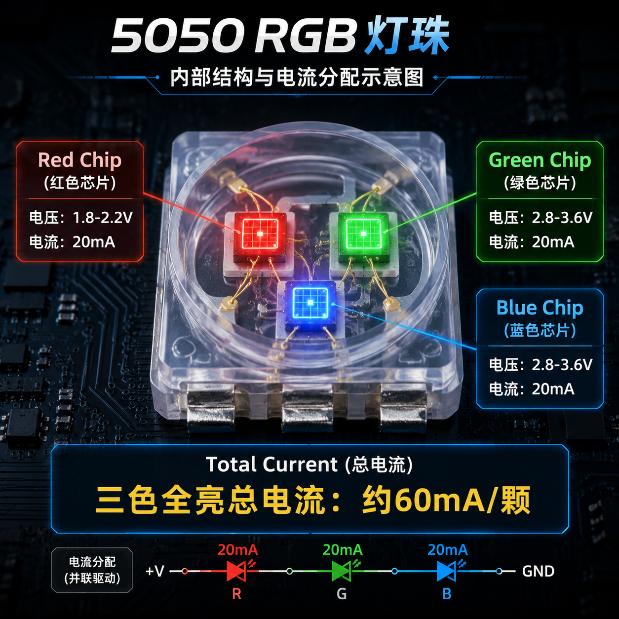 5050 RGB灯珠内部结构图,展示红、绿、蓝三色芯片及其各自的电压和20mA电流,三色全亮时总电流约60mA。