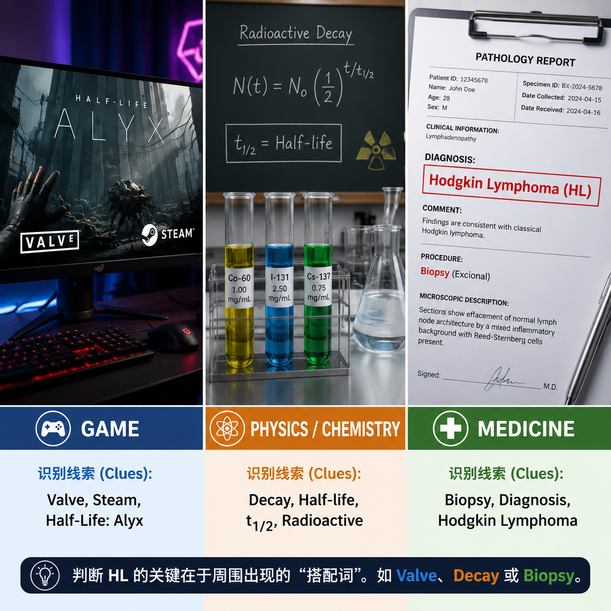 一张三联对比图,展示HL在不同领域(游戏:《Half-Life》、物理/化学:半衰期公式、医学:霍奇金淋巴瘤诊断报告)中的具体含义,并列出识别线索。