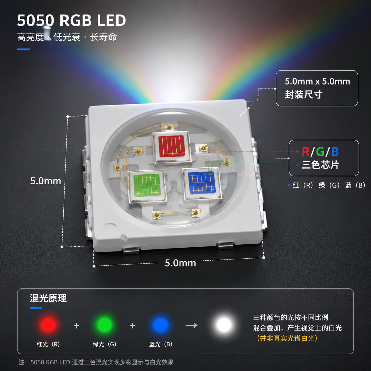5050RGB灯珠结构示意图,展示其5.0x5.0mm封装、R/G/B三色芯片及混光原理,强调其视觉白光特性。
