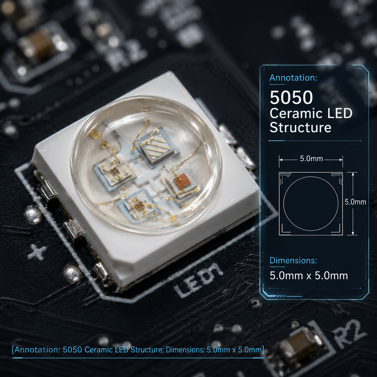 5050陶瓷灯珠特写,展示其5.0mm x 5.0mm尺寸和白色陶瓷基板,突显精密封装结构