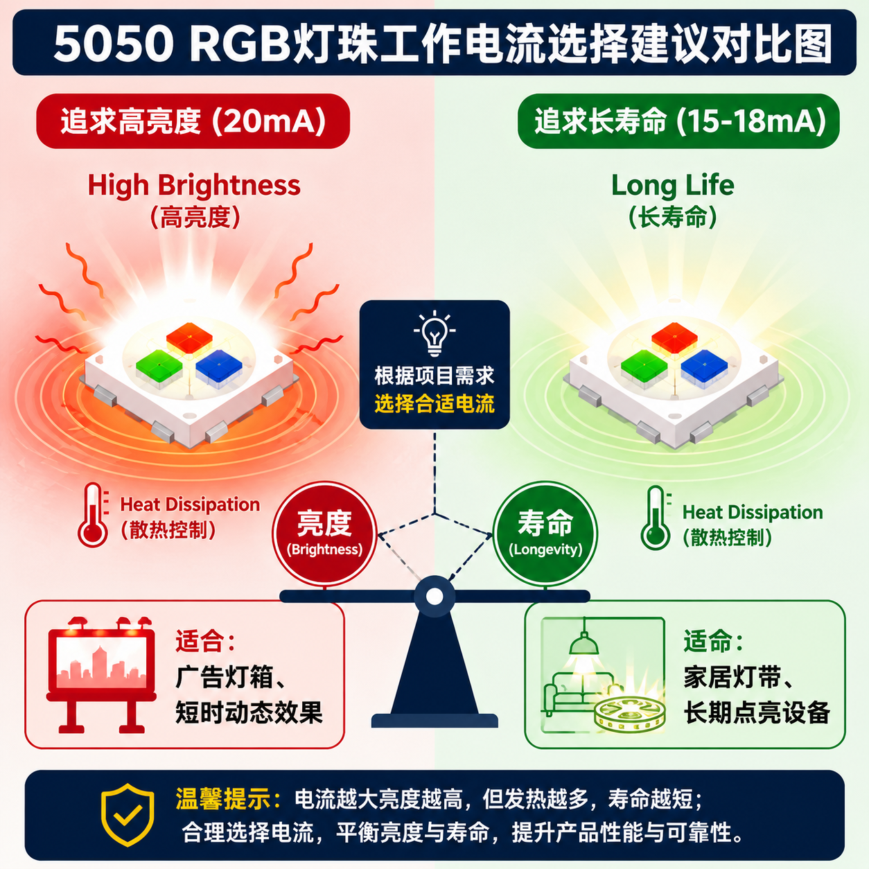 5050 RGB灯珠工作电流选择对比图,左侧代表20mA高亮度模式适合广告灯箱,右侧代表15-18mA长寿命模式适合家居灯带,强调亮度和寿命的平衡选择。