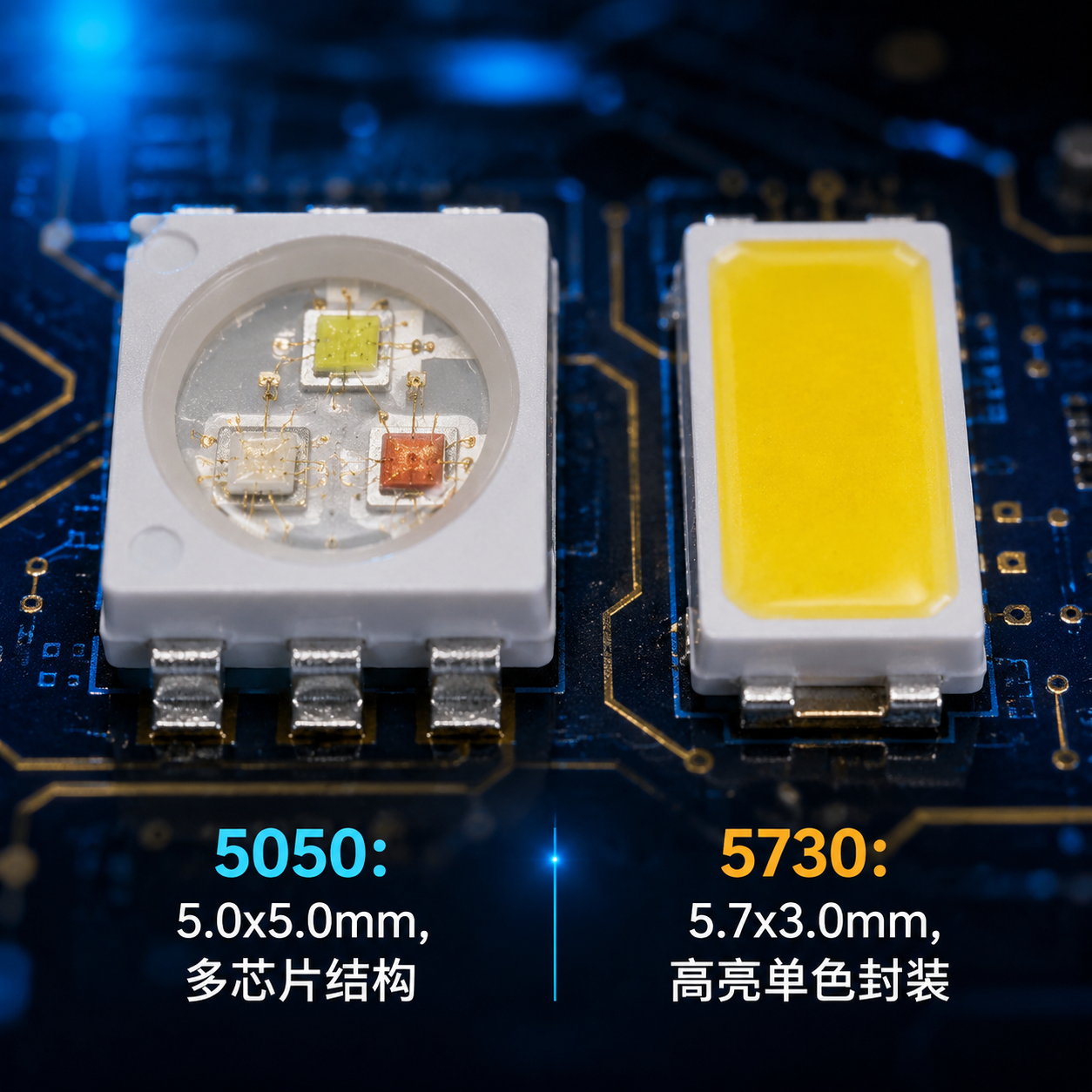 5050和5730灯珠的微距对比图，展示了5050方正多芯片结构和5730细长高亮单色封装，均安装在PCB板上。