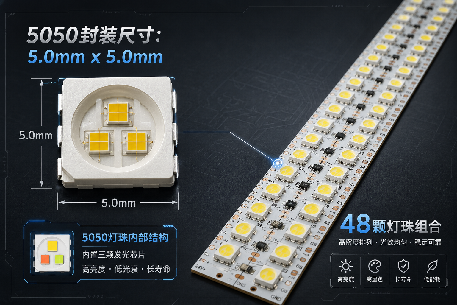 48颗5050灯珠的封装尺寸与灯带排列示意图,展示5.0mm x 5.0mm的5050灯珠及其在LED灯带上的组合