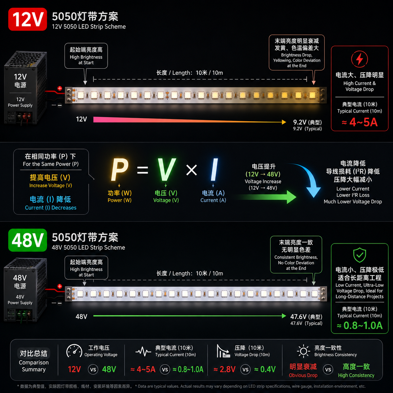 对比示意图,上方展示12V灯带因电流大导致末端亮度衰减,下方展示48V灯带因电流小在同等长度下亮度高度一致,并解释功率P=V×I的原理。