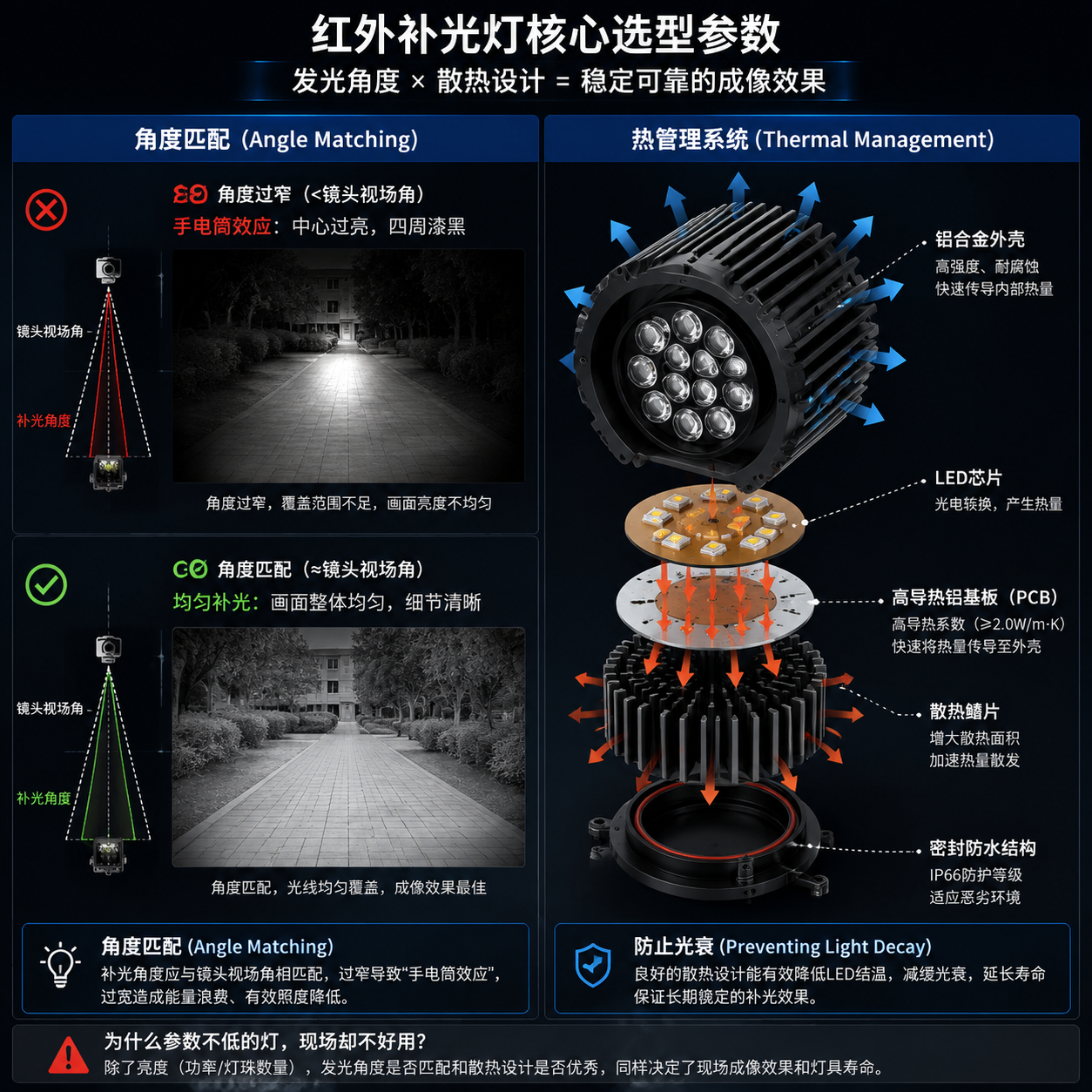 补光角度与散热设计拆解示意：角度匹配和铝合金散热结构说明