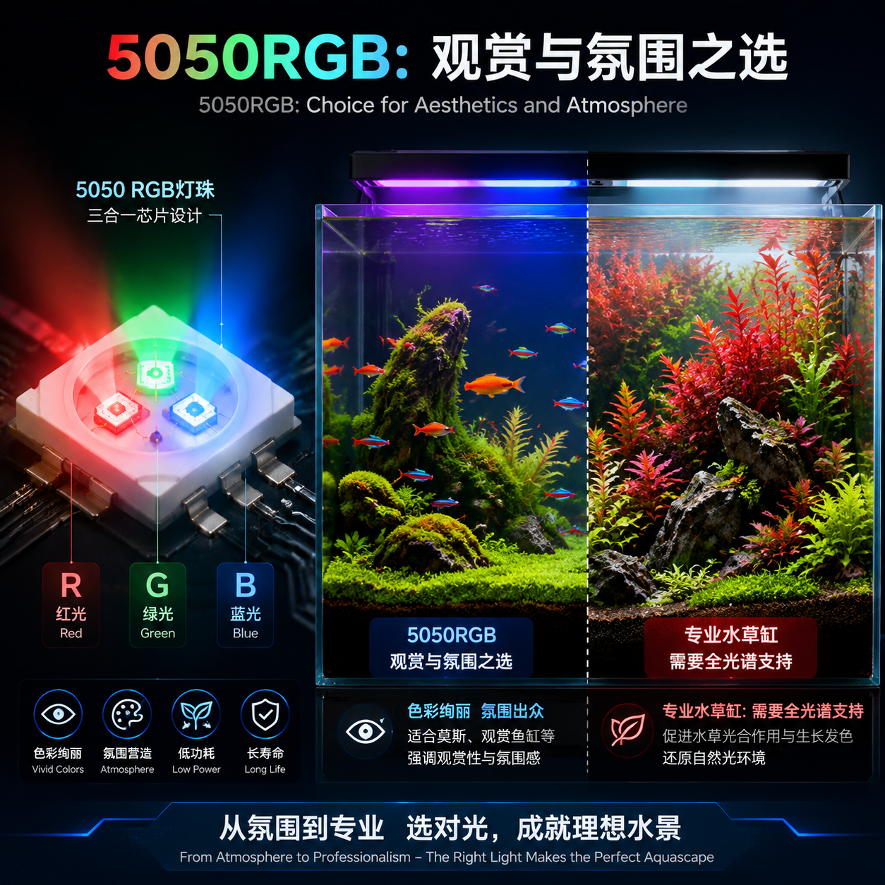 5050RGB灯珠与水草缸应用对比:左侧展示5050RGB灯珠特写及观赏鱼缸场景,强调其观赏与氛围效果;右侧展示专业红草造景缸,提示其需要全光谱支持。