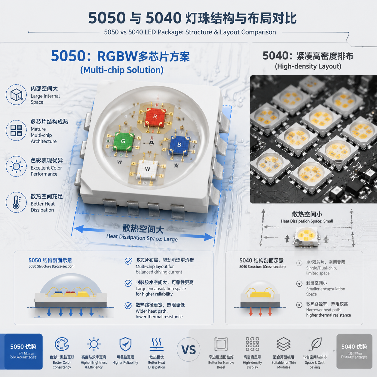 示意图,显示5050灯珠多芯片(RGBW)布局优势和5040灯珠在紧凑空间下的高密度排布特点