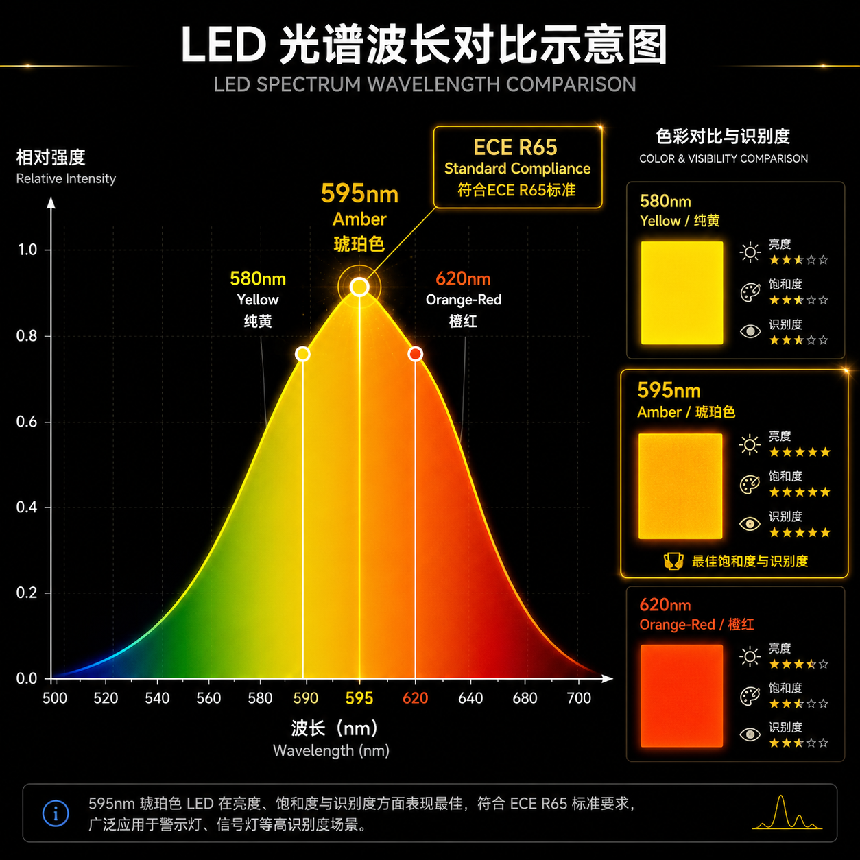 LED光谱波长对比示意图,强调595nm琥珀光符合ECE R65标准