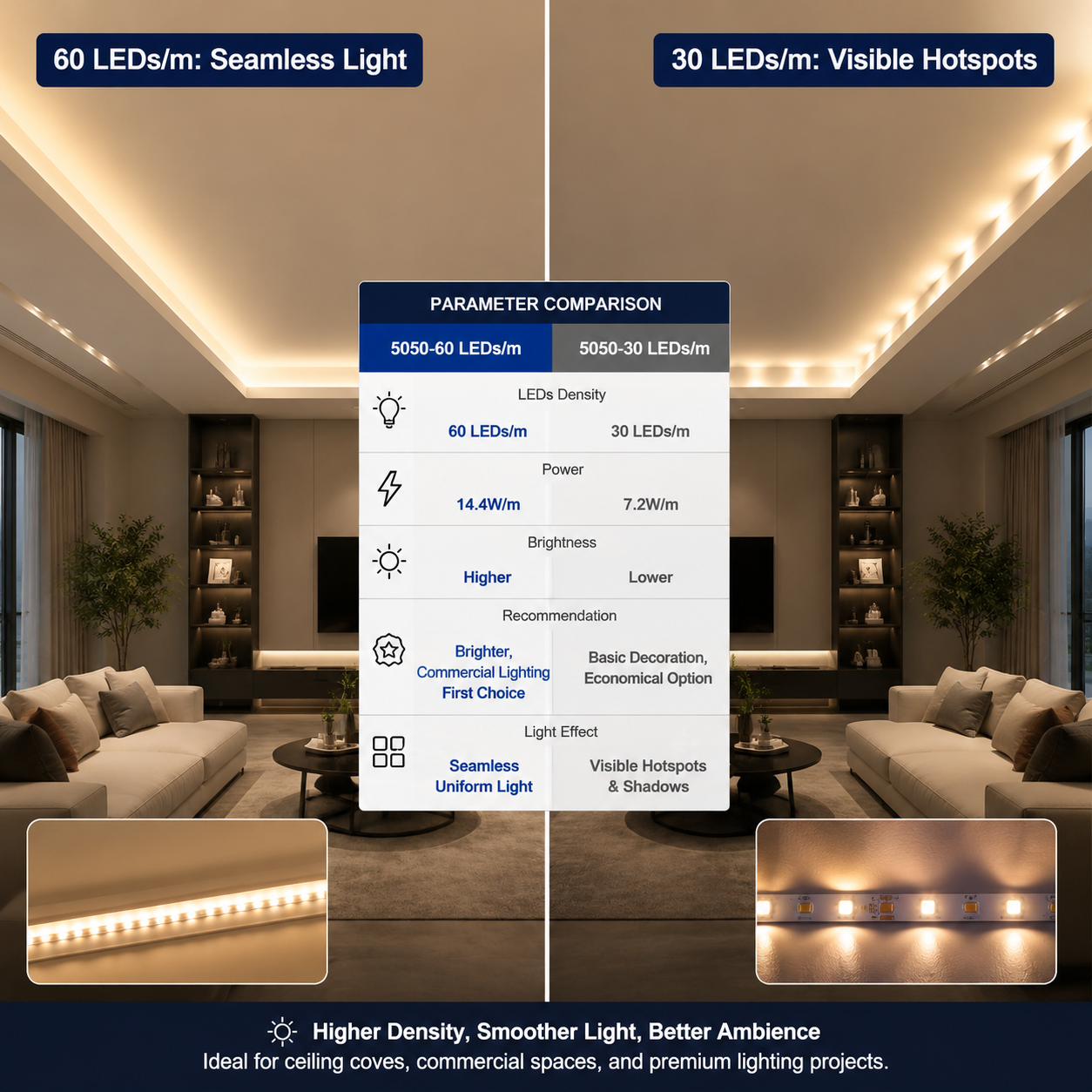 一张5050-60珠灯带和5050-30珠灯带的对比图，展示了60珠灯带光线更连续、亮度更高，而30珠灯带灯点间距更明显。