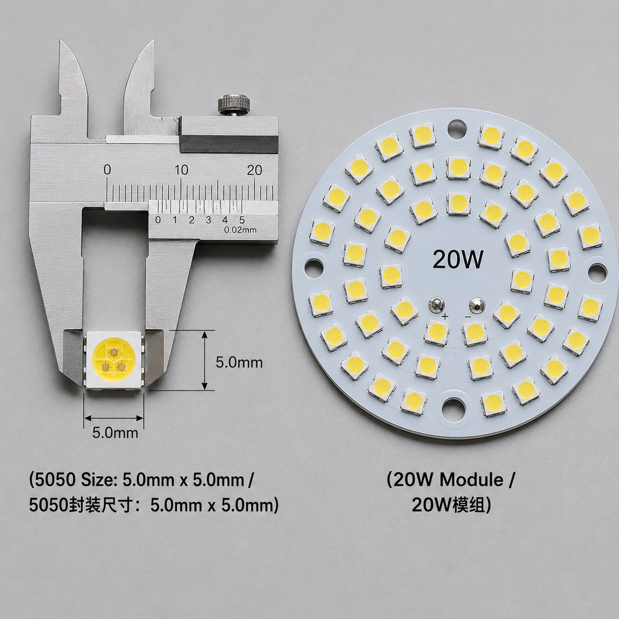 一张图片展示了单颗5050 LED灯珠(5.0mm x 5.0mm)和由多颗5050灯珠组成的20W圆形铝基板模组,突出封装尺寸与整灯功率的区别。