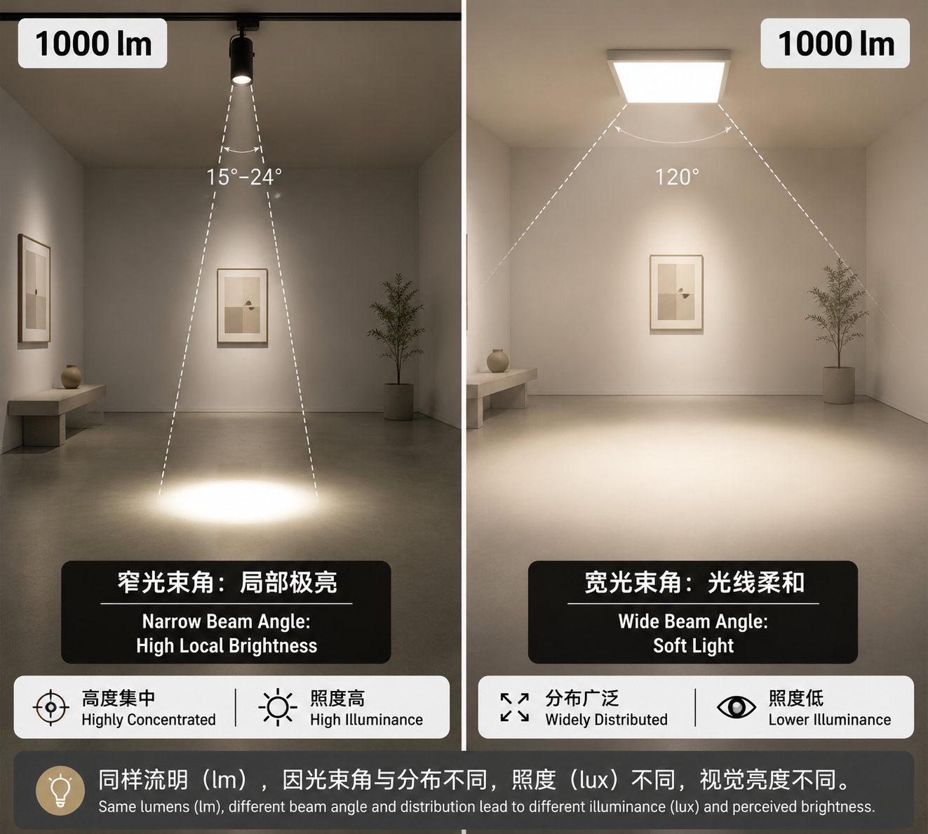 一张对比示意图,展示了两盏同样1000流明的灯具,因光束角不同(窄光束角与宽光束角)导致局部亮度感官差异,解释为何流明相同但视觉亮度不同的现象。