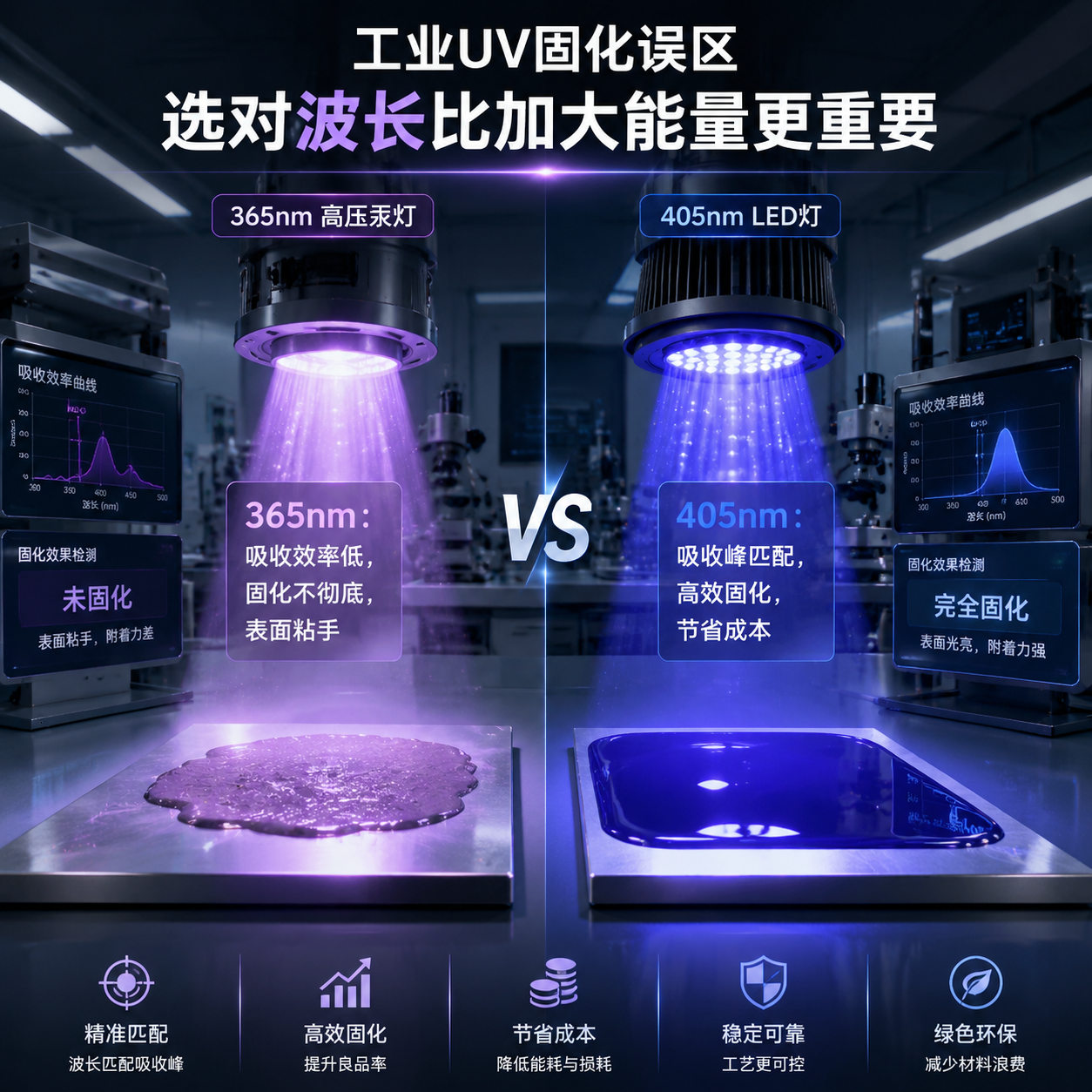 工业UV固化中365nm与405nm波长效果对比:选对波长实现高效固化