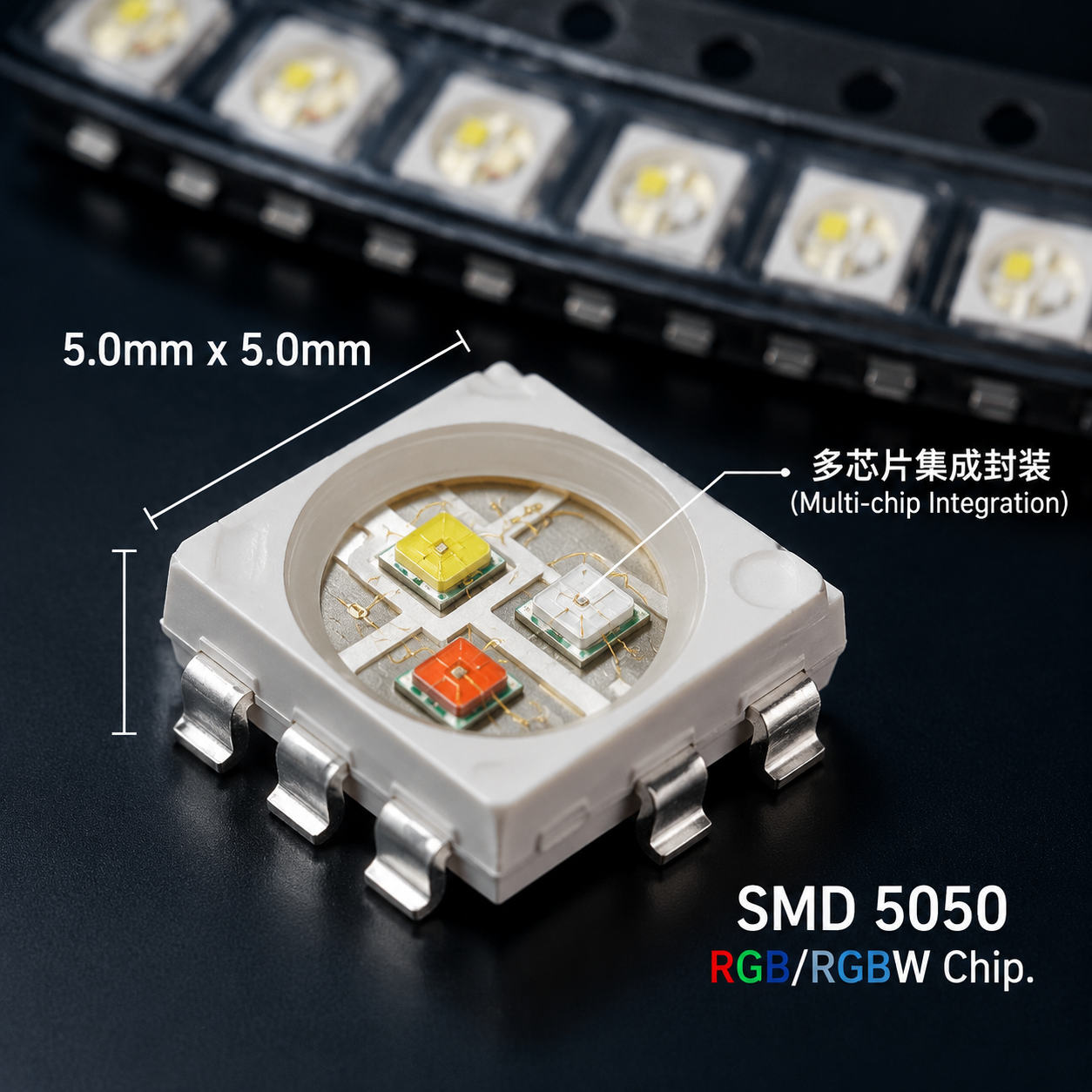 一张5050 LED灯珠的微距特写图,展示其5.0mm x 5.0mm的尺寸和多芯片集成封装结构,背景为卷盘包装上的灯珠。
