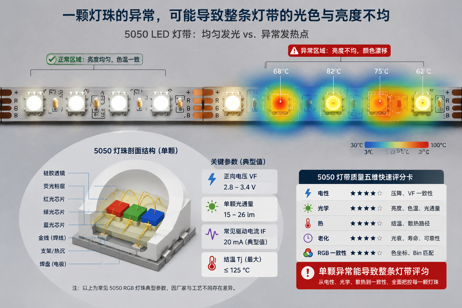 5050 LED灯带均匀与异常发光对比,放大显示5050灯珠结构及关键电性、光学、热管理参数,并提示质量测试重点。